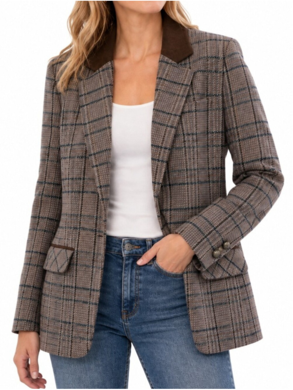 JESSICA SPORT Long Wool Blend Blazer Brown Plaid Sz 12 Faux Suede Collar Vintage